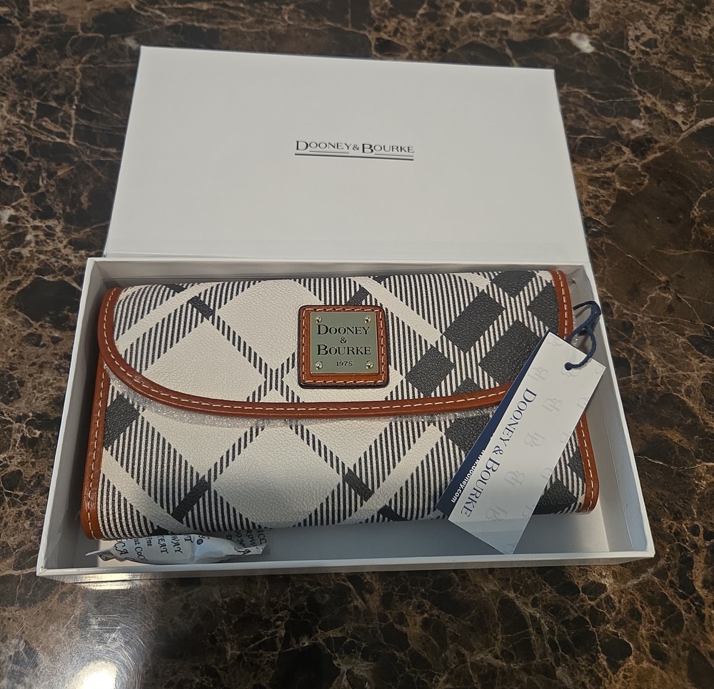 Dooney & Bourke Cream Plaid Wallet with Tan Trim and Black Accents